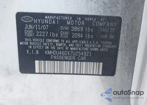 2007 Hyundai Elantra Gls/Limited/Se from USA, damaged, VIN KMHDU46DX7U254921